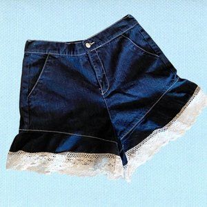 Simons Twik high waist jean shorts with lace trim